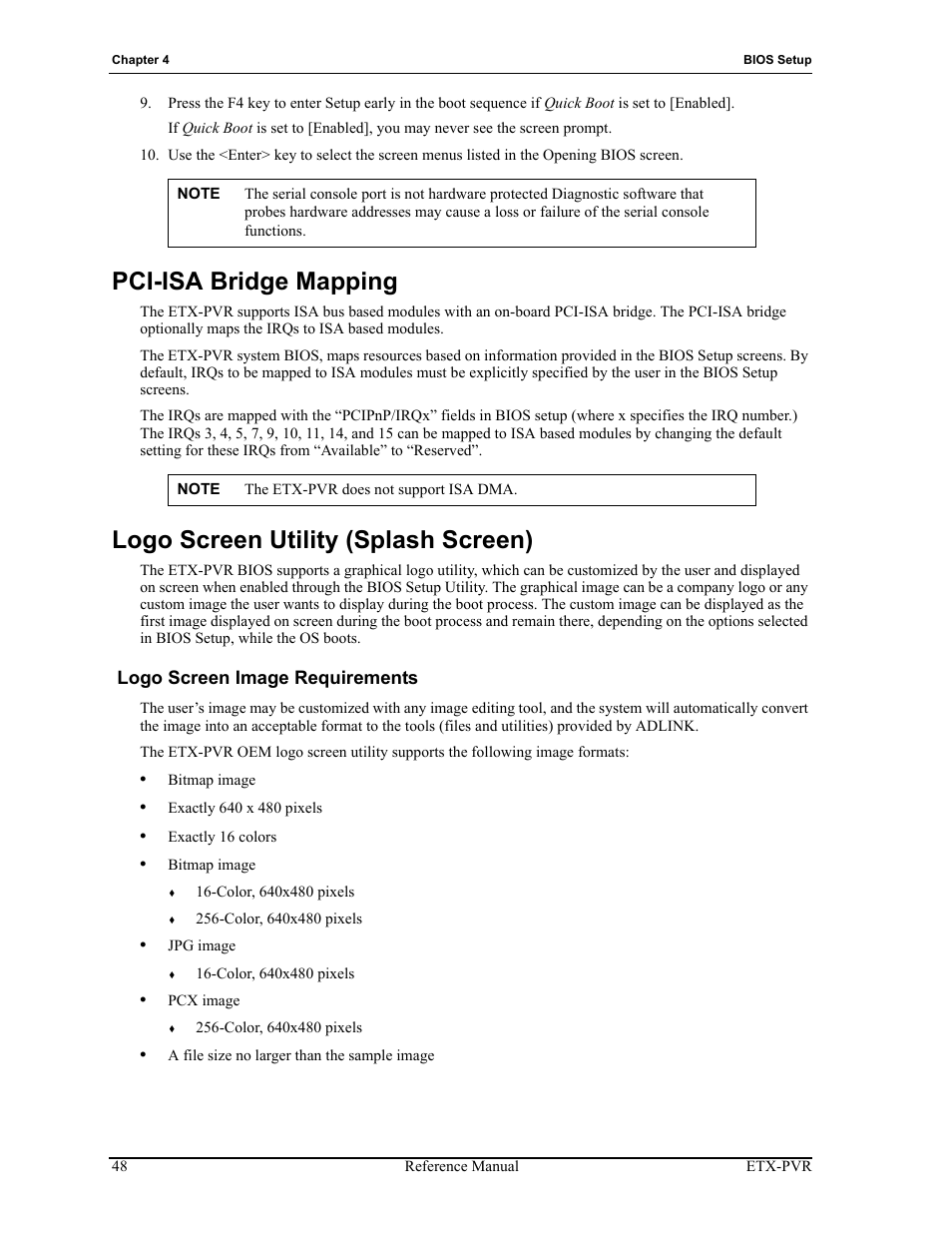 Logo screen image requirements, Pci-isa bridge mapping, Logo screen utility (splash screen) | ADLINK ETX-PVR User Manual | Page 54 / 68