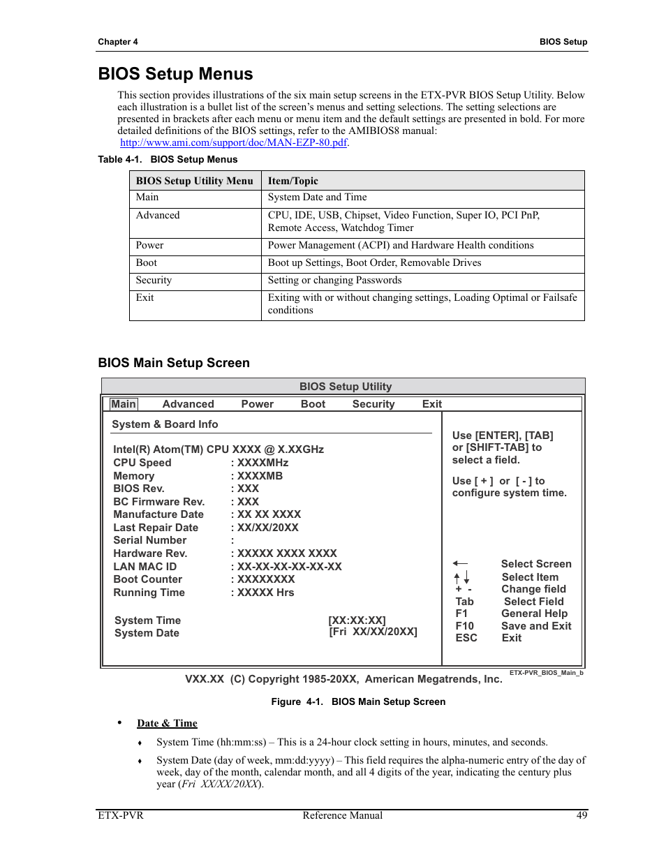 Bios setup menus, Bios main setup screen, Figure 4-1 | Table 4-1 | ADLINK ETX-PVR User Manual | Page 55 / 68