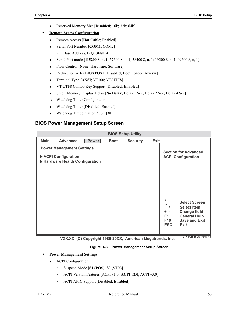 Bios power management setup screen, Figure 4-3, Power management setup screen | ADLINK ETX-PVR User Manual | Page 59 / 68