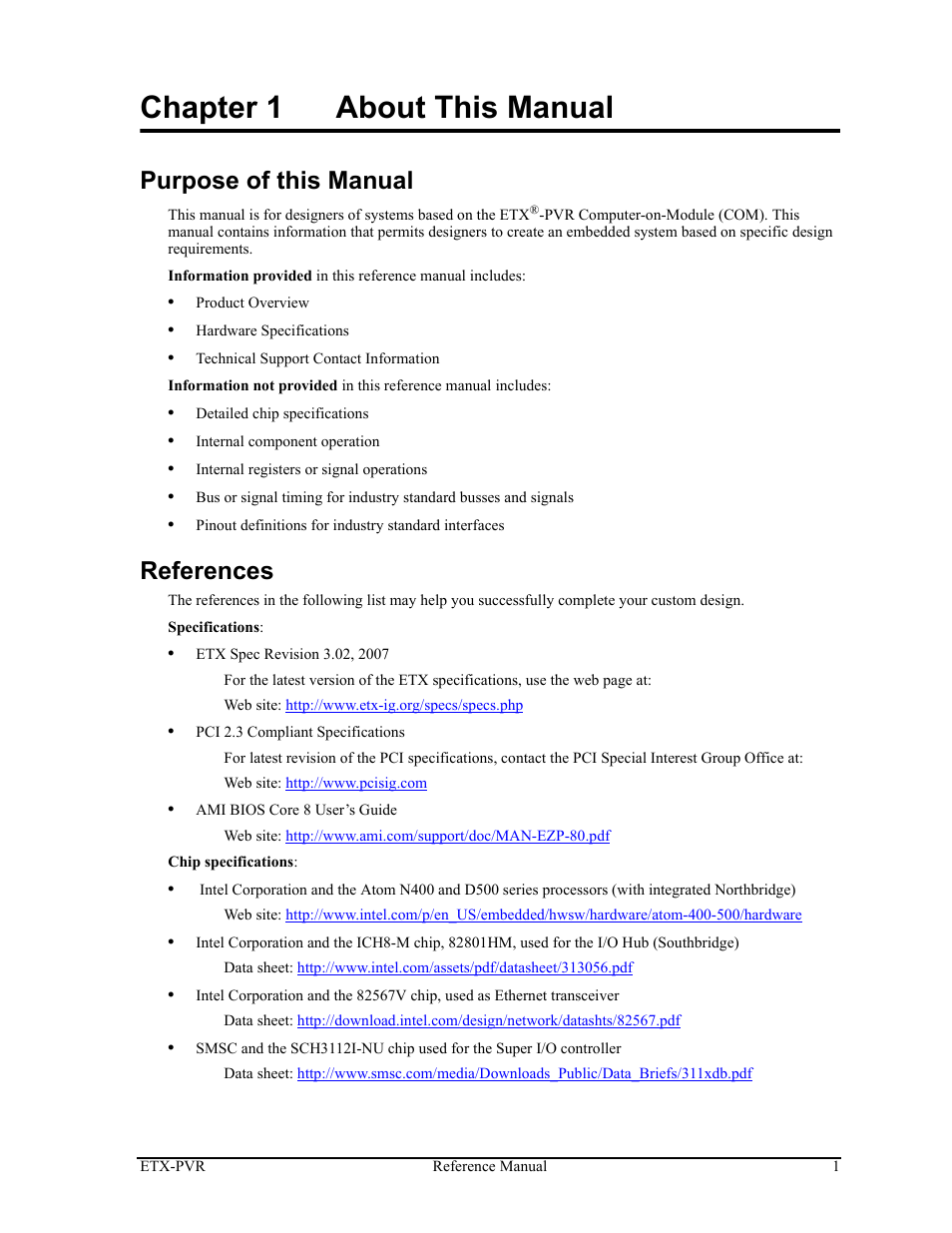 Chapter 1, About this manual, Purpose of this manual references | Chapter 1 about this manual, Purpose of this manual, References | ADLINK ETX-PVR User Manual | Page 7 / 68