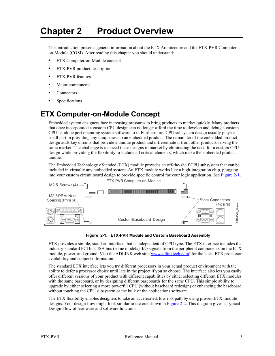 Chapter 2, Product overview, Etx computer-on-module concept | Figure 2-1, Etx-pvr module and custom baseboard assembly, Chapter 2 product overview | ADLINK ETX-PVR User Manual | Page 9 / 68