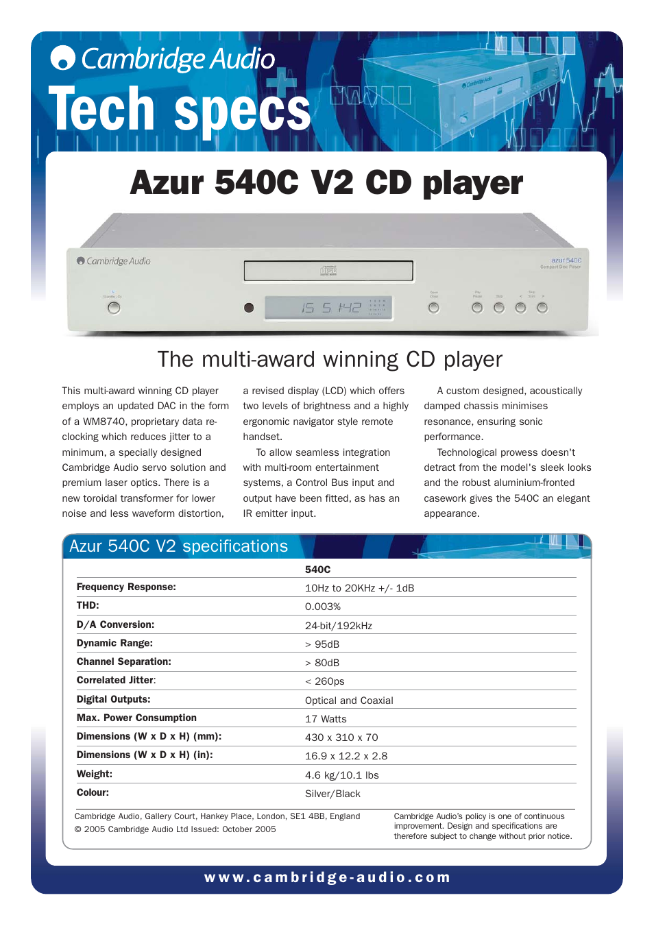 Cambridge Audio azur 540C V2 User Manual | 2 pages