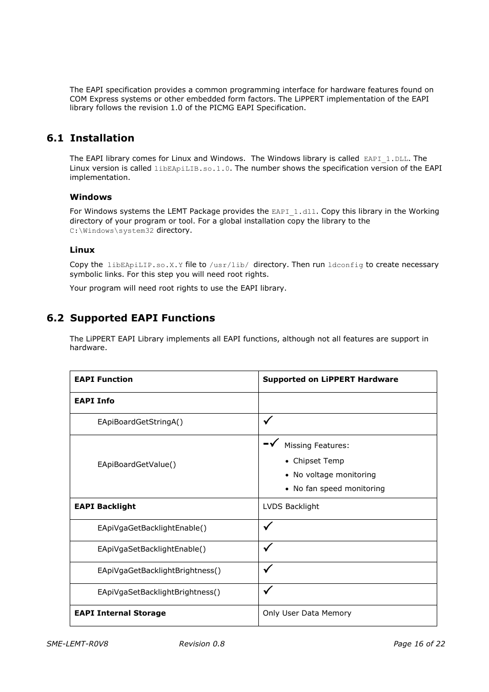 Eapi - embedded application programming interface, Installation, Windows | Linux, Supported eapi functions | ADLINK Hurricane-QM57 User Manual | Page 20 / 30