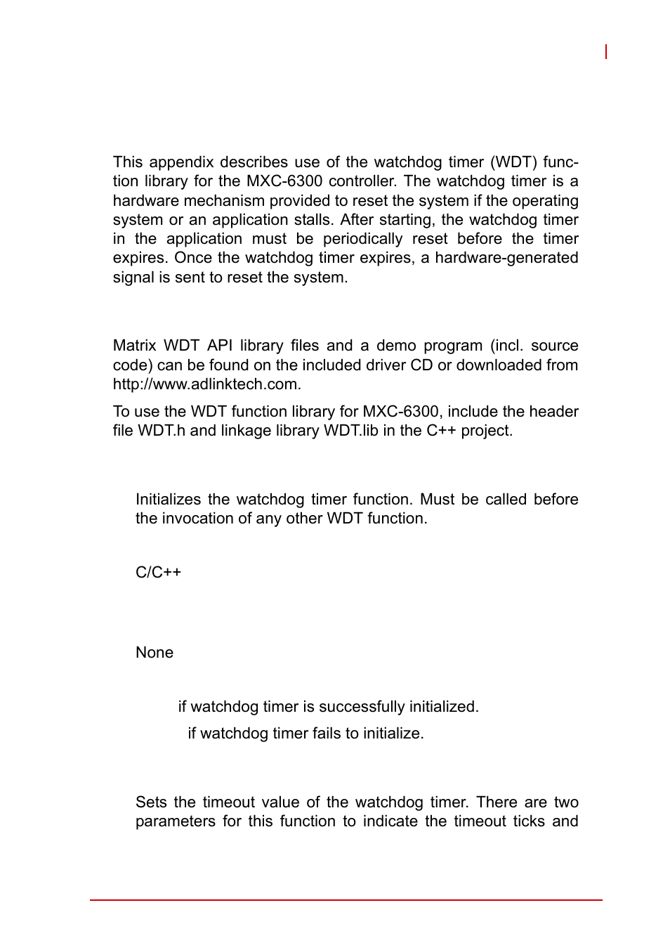 Appendix d: watchdog timer (wdt) function library, D.1 wdt with api/windows, Initwdt | Setwdt, D appendix: watchdog timer (wdt) function library, Wdt with api/windows, Initwdt setwdt | ADLINK MXC-6300 Series User Manual | Page 103 / 124