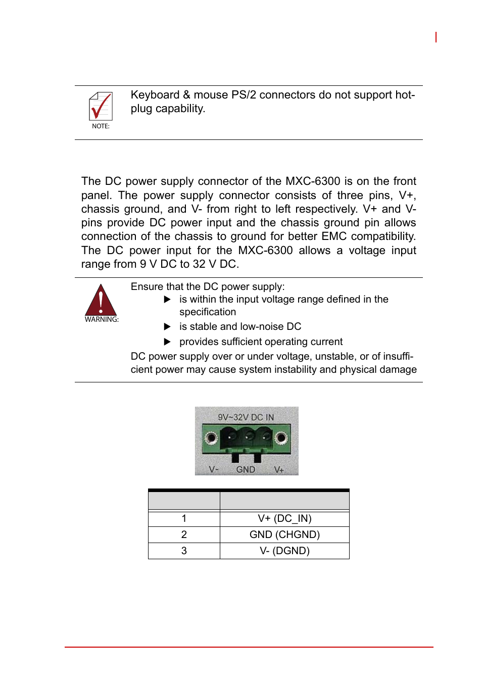 13 dc power connector, Dc power connector, Table 1-14 | Dc power supply connector signals | ADLINK MXC-6300 Series User Manual | Page 37 / 124