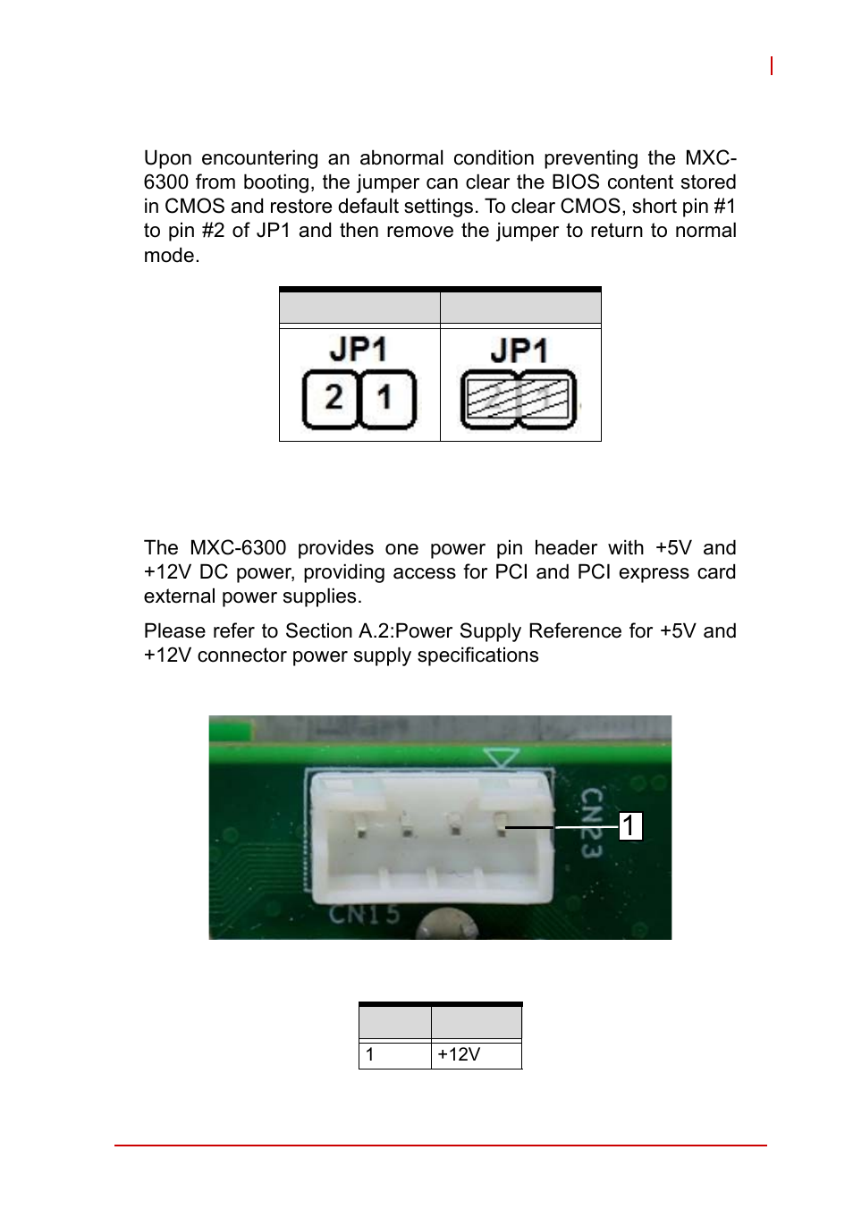 1 clear cmos jumper, 2 internal reserved +5v and +12v connector, Clear cmos jumper | Internal reserved +5v and +12v connector, Table 1-17, Clear cmos jumper settings, Figure 1-16, 5v and +12v connector | ADLINK MXC-6300 Series User Manual | Page 41 / 124