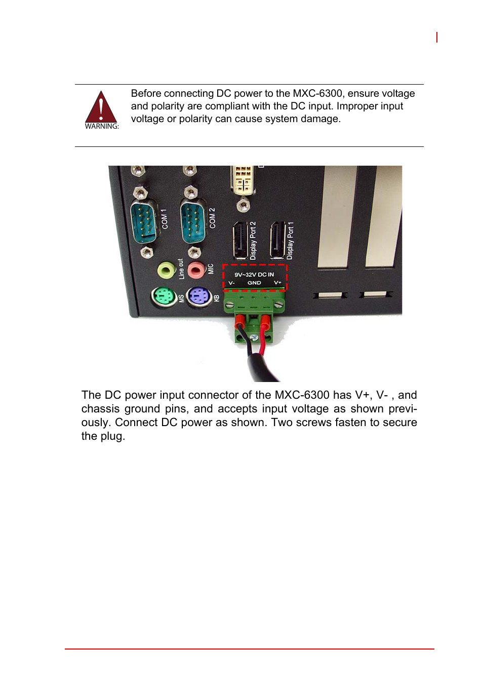 6 connecting dc power, Connecting dc power | ADLINK MXC-6300 Series User Manual | Page 61 / 124