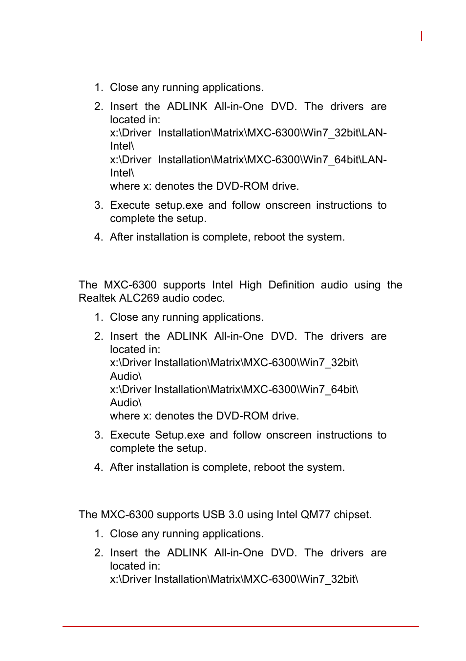 3 installing the ethernet driver, 4 installing the audio driver, 5 installing the usb 3.0 driver | Installing the ethernet driver, Installing the audio driver, Installing the usb 3.0 driver | ADLINK MXC-6300 Series User Manual | Page 69 / 124