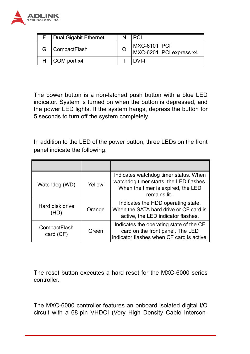 1 power button, 2 led indicators, 3 reset button | 6 digital i/o connector, Power button, Led indicators, Reset button, Digital i/o connector, Table 1-1, Front panel i/o connector legend | ADLINK MXC-6000 Series User Manual | Page 22 / 100