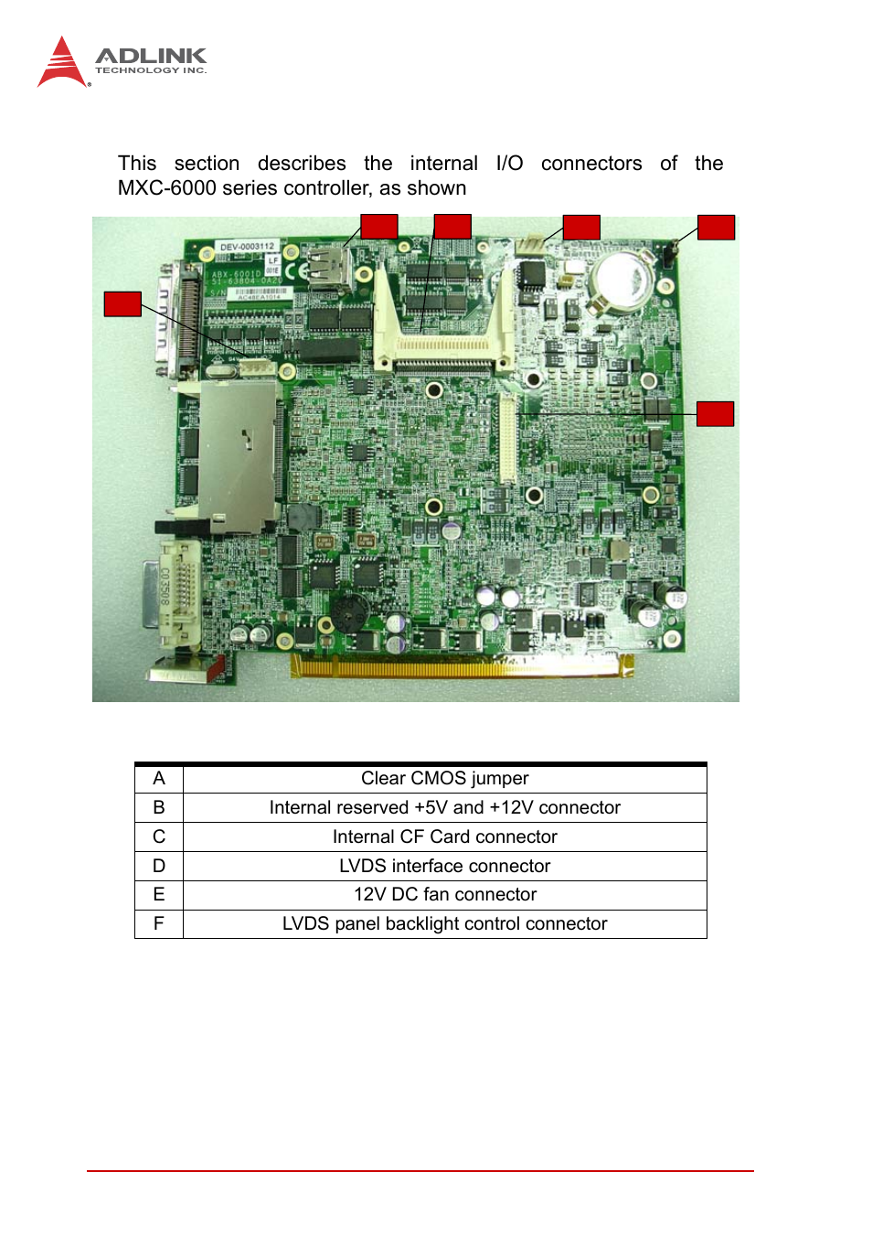 7 internal i/o connectors, Internal i/o connectors, Table 1-13 | Mainboard connector legend, Figure 1-14, Mainboard pcb | ADLINK MXC-6000 Series User Manual | Page 38 / 100