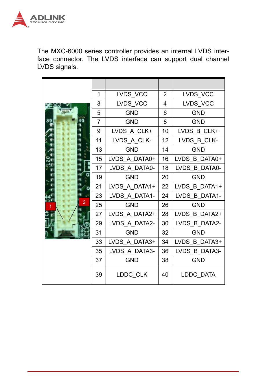 4 lvds interface connector, Lvds interface connector, Table 1-17 | Lvds connector pin functions | ADLINK MXC-6000 Series User Manual | Page 42 / 100