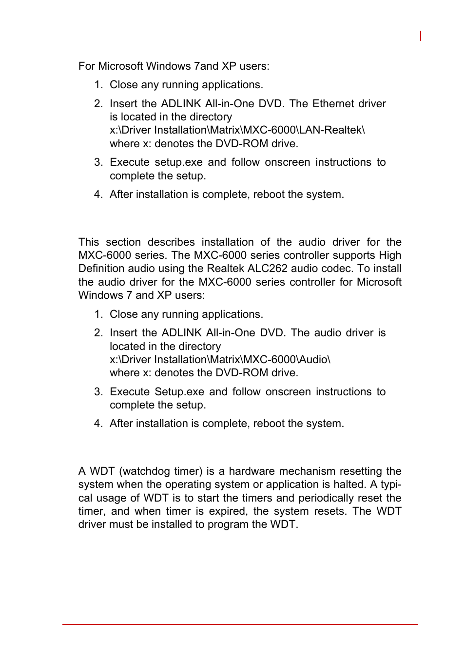 4 installing the audio driver, 5 installing the wdt driver, Installing the audio driver | Installing the wdt driver | ADLINK MXC-6000 Series User Manual | Page 65 / 100
