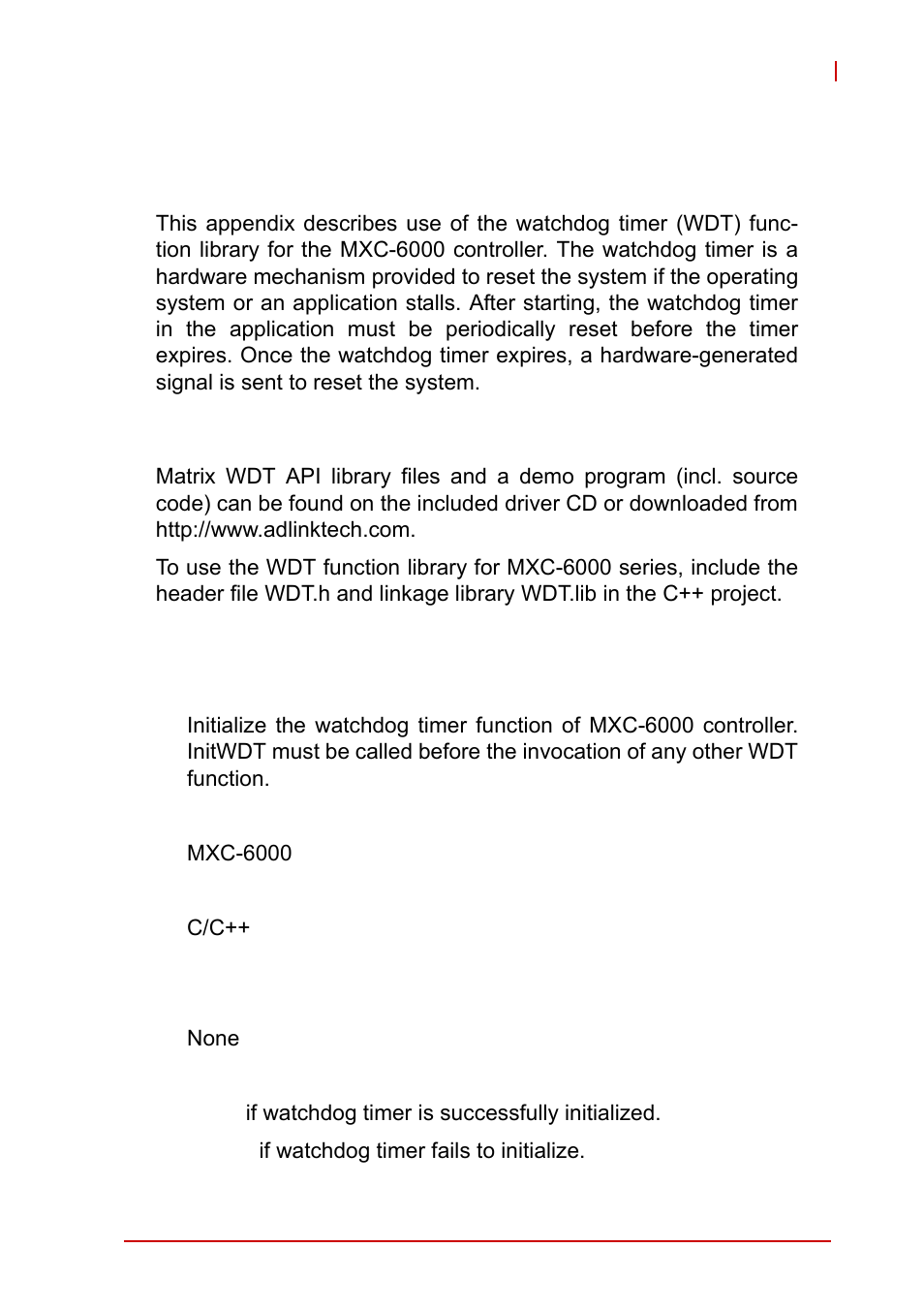 Appendix d: watchdog timer (wdt) function library, D.1 wdt with api/windows, Initwdt | D appendix: watchdog timer (wdt) function library, Wdt with api/windows | ADLINK MXC-6000 Series User Manual | Page 89 / 100