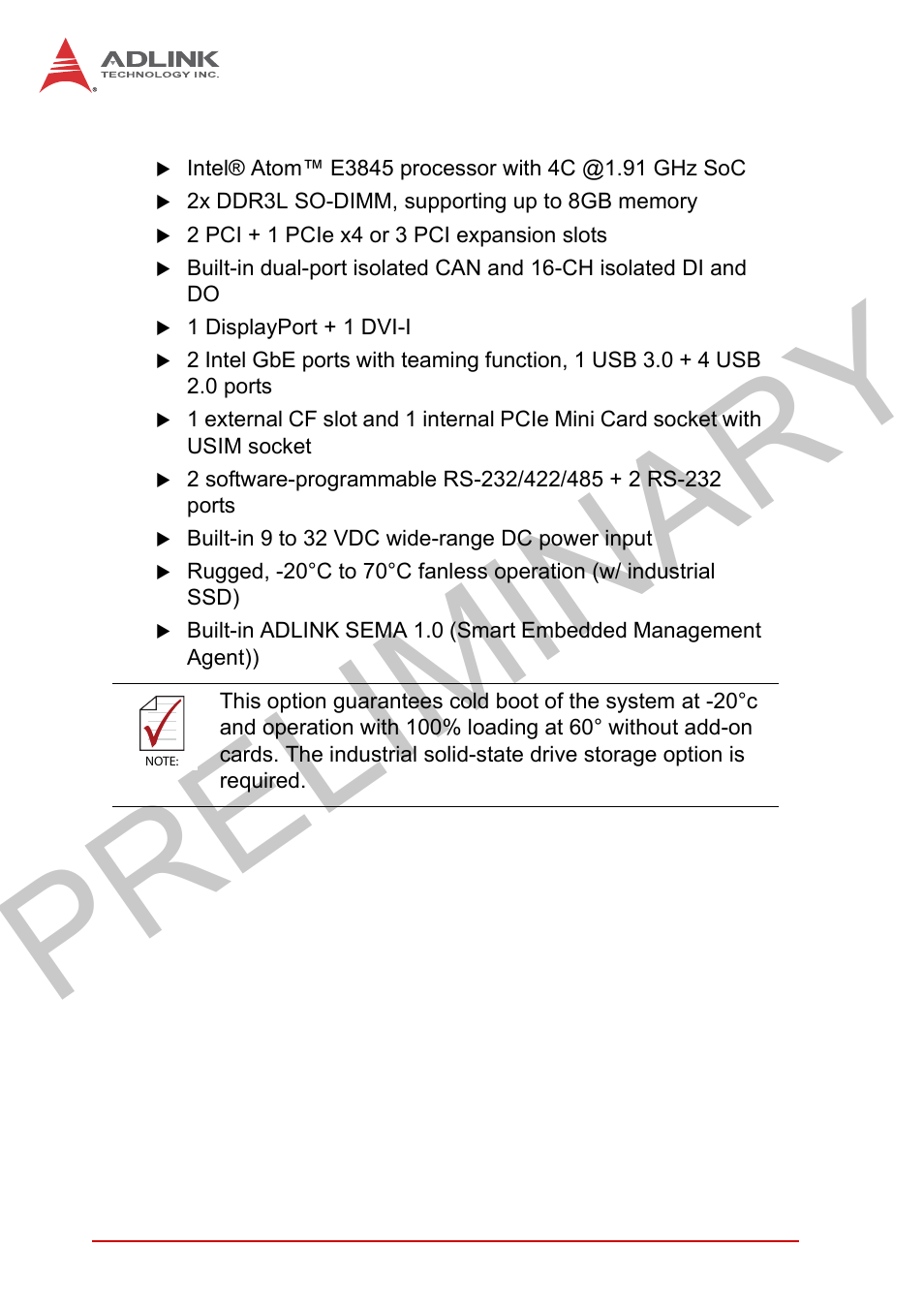 2 features, Features, Preliminary | ADLINK MXC-2300 User Manual | Page 14 / 76