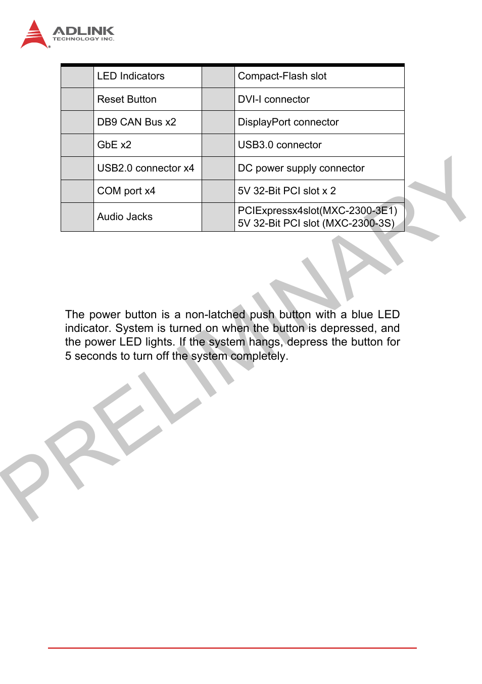 1 power button, Power button, Table 1-1 | Front panel i/o connector legend, Preliminary | ADLINK MXC-2300 User Manual | Page 24 / 76
