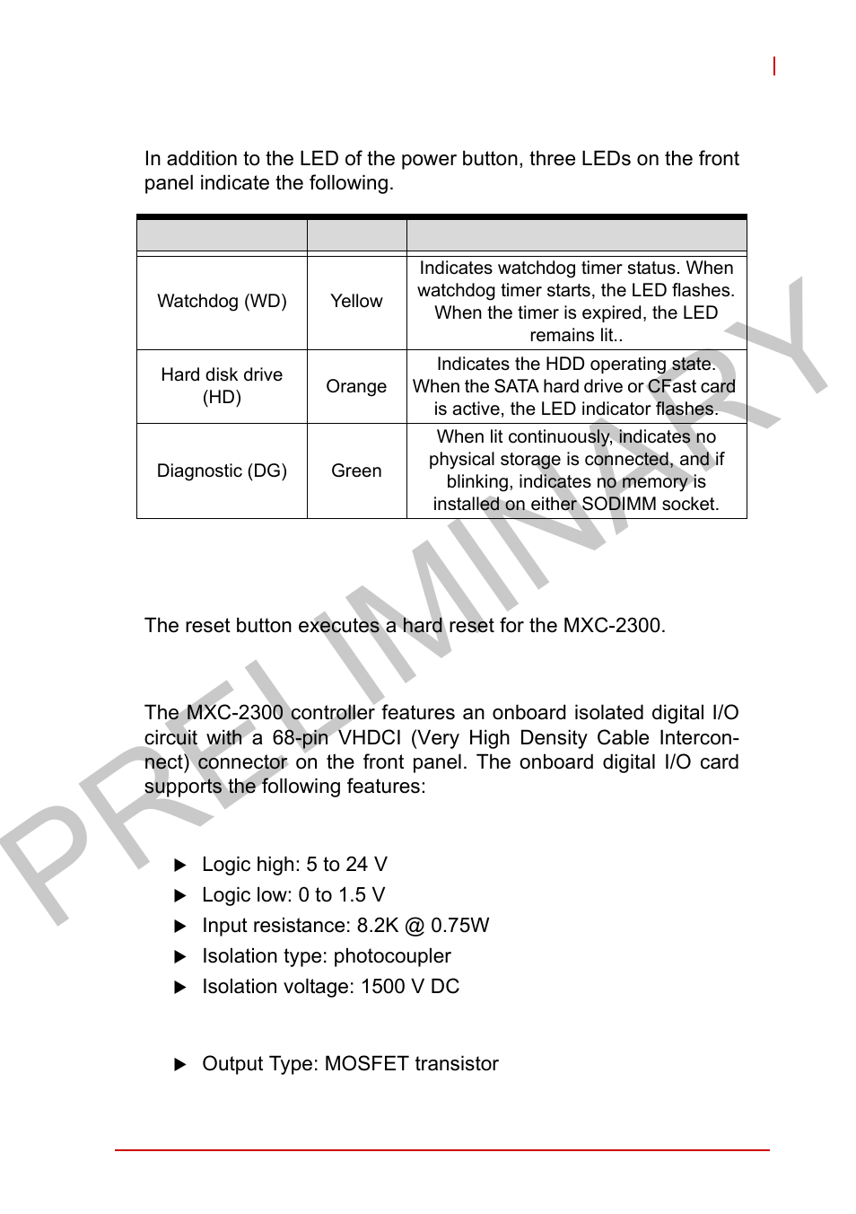 2 led indicators, 3 reset button, 6 digital i/o connector | Ch isolated di, Ch isolated do, Led indicators, Reset button, Digital i/o connector, Ch isolated di 16-ch isolated do, Table 1-2 | ADLINK MXC-2300 User Manual | Page 25 / 76