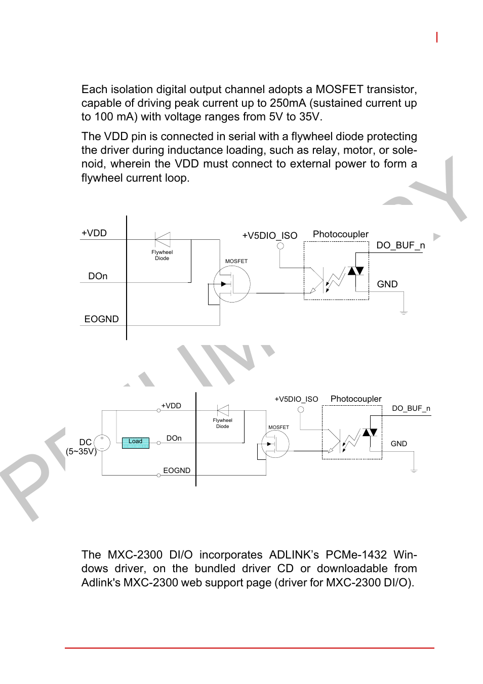 2 isolated digital output circuits, 3 digital i/o windows driver and api, Preliminary | Isolated digital output circuits, Digital i/o windows driver and api, Figure 1-11, Figure 1-12, Isolated digital output sample application circuit | ADLINK MXC-2300 User Manual | Page 31 / 76