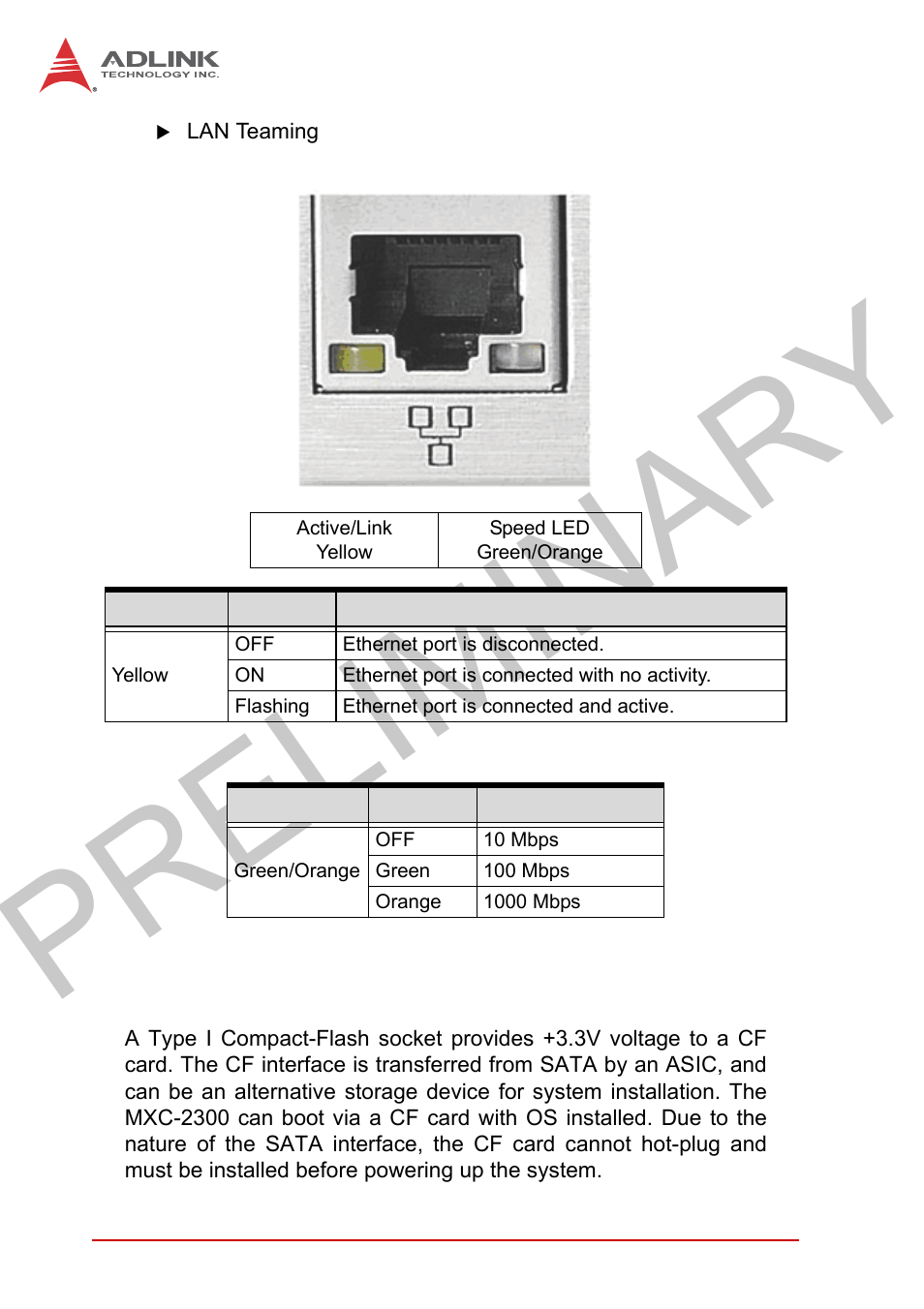 8 compact flash socket, Compact flash socket, Table 1-6 | Active/link led, Table 1-7, Speed led, Preliminary | ADLINK MXC-2300 User Manual | Page 34 / 76