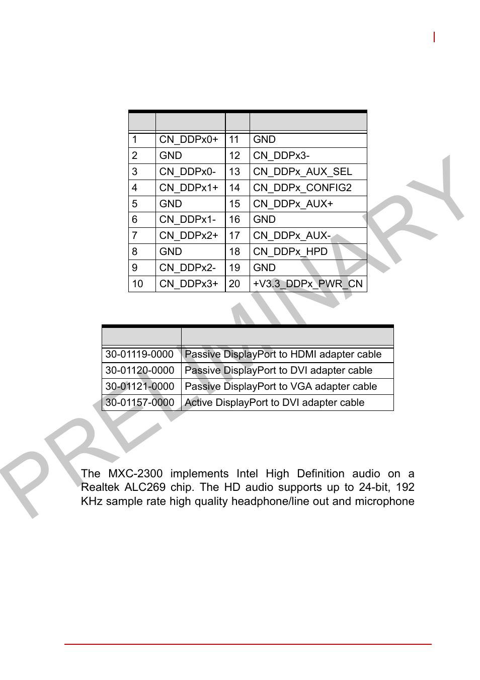 12 audio jacks, Audio jacks, Table 1-10 | Displayport pin assignments, Table 1-11, Applicable cable types, Figure 1-14, Displayport connector, Preliminary | ADLINK MXC-2300 User Manual | Page 37 / 76