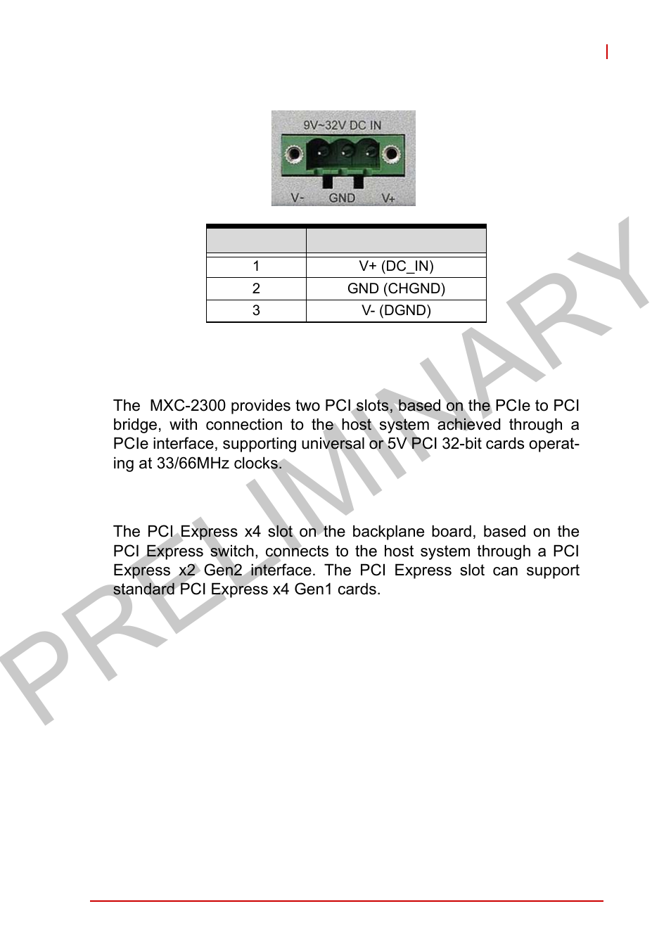 14 pci slot, 15 pci express x4 slot, Pci slot | Pci express x4 slot, Table 1-13, Dc power supply connector signals, Preliminary | ADLINK MXC-2300 User Manual | Page 39 / 76