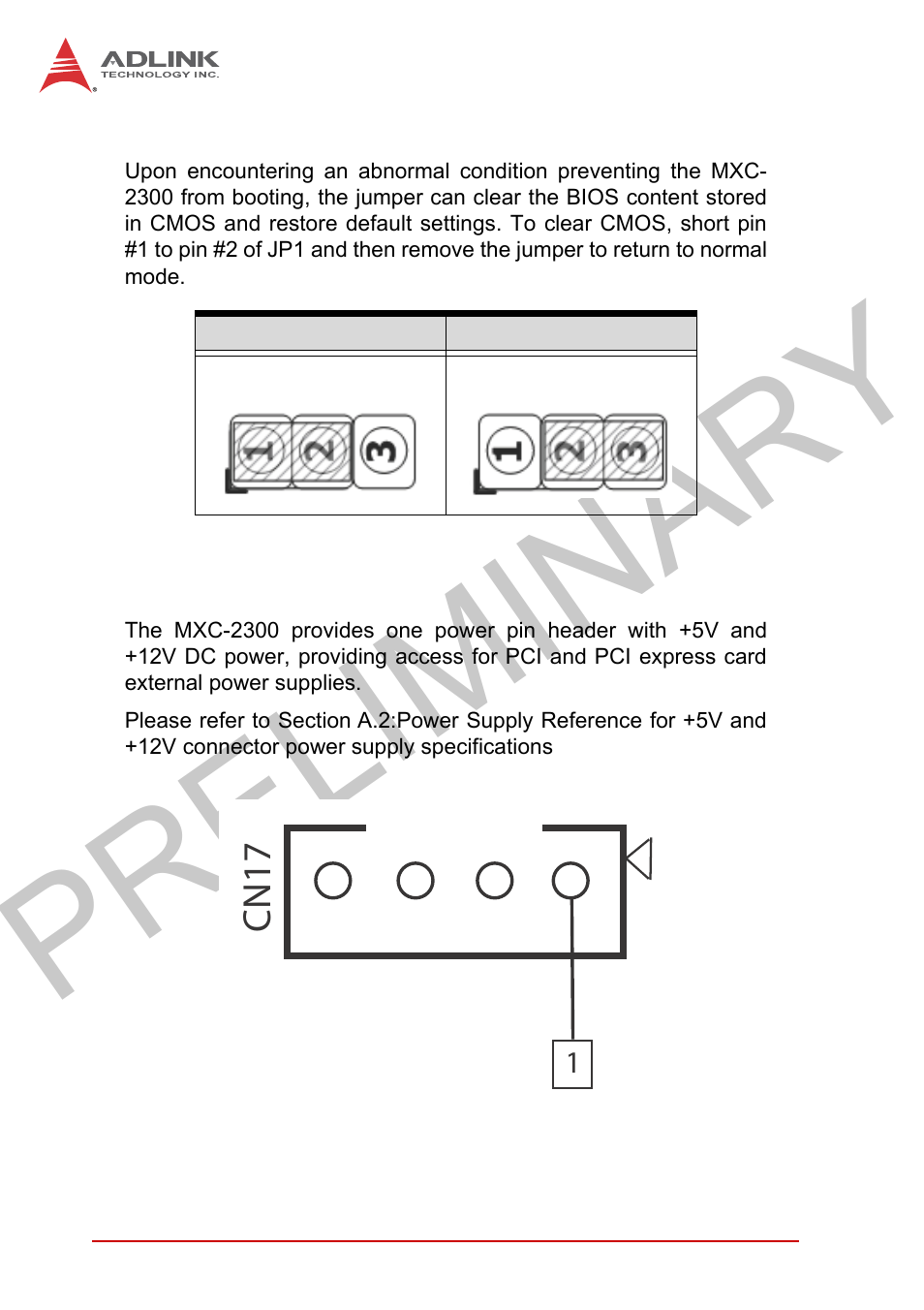 1 clear cmos jumper, 2 internal reserved +5v and +12v connector, Clear cmos jumper | Internal reserved +5v and +12v connector, Table 1-16, Clear cmos jumper settings, Figure 1-17, 5v and +12v connector pin connector, Preliminary, Cn17 | ADLINK MXC-2300 User Manual | Page 42 / 76