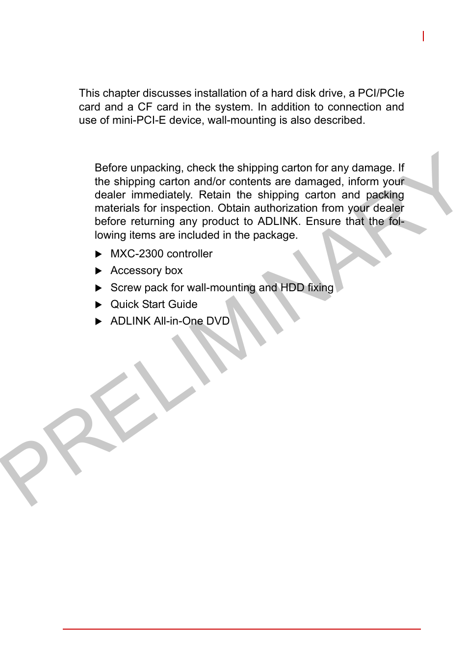 2 getting started, 1 unpacking checklist, Unpacking checklist | Preliminary, 2getting started | ADLINK MXC-2300 User Manual | Page 45 / 76