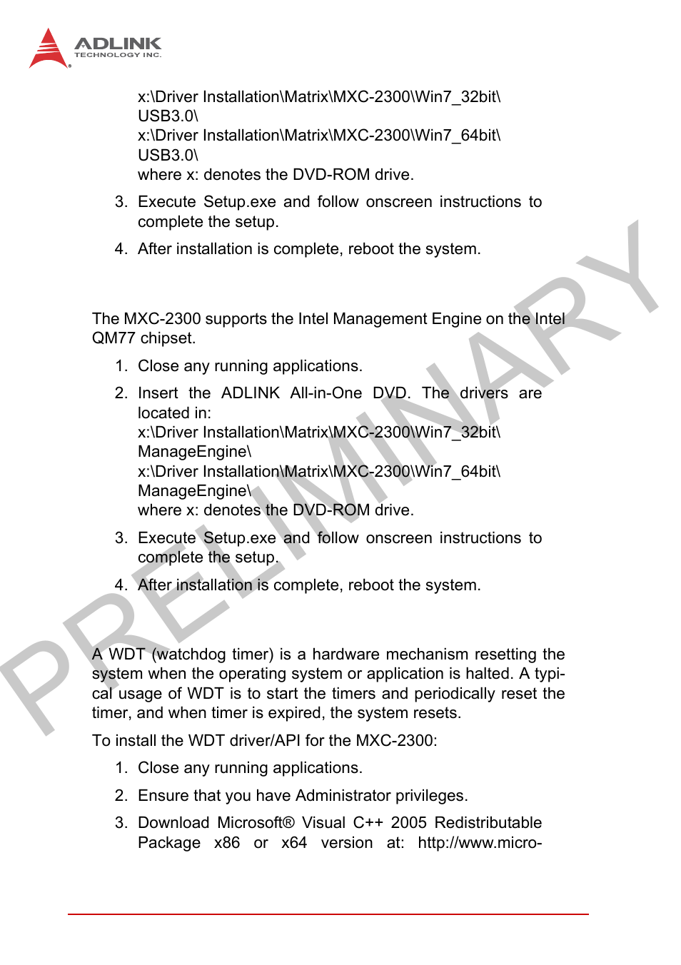 6 installing the intel management engine driver, 7 installing the wdt driver/api, Installing the intel management engine driver | Installing the wdt driver/api, Preliminary | ADLINK MXC-2300 User Manual | Page 68 / 76