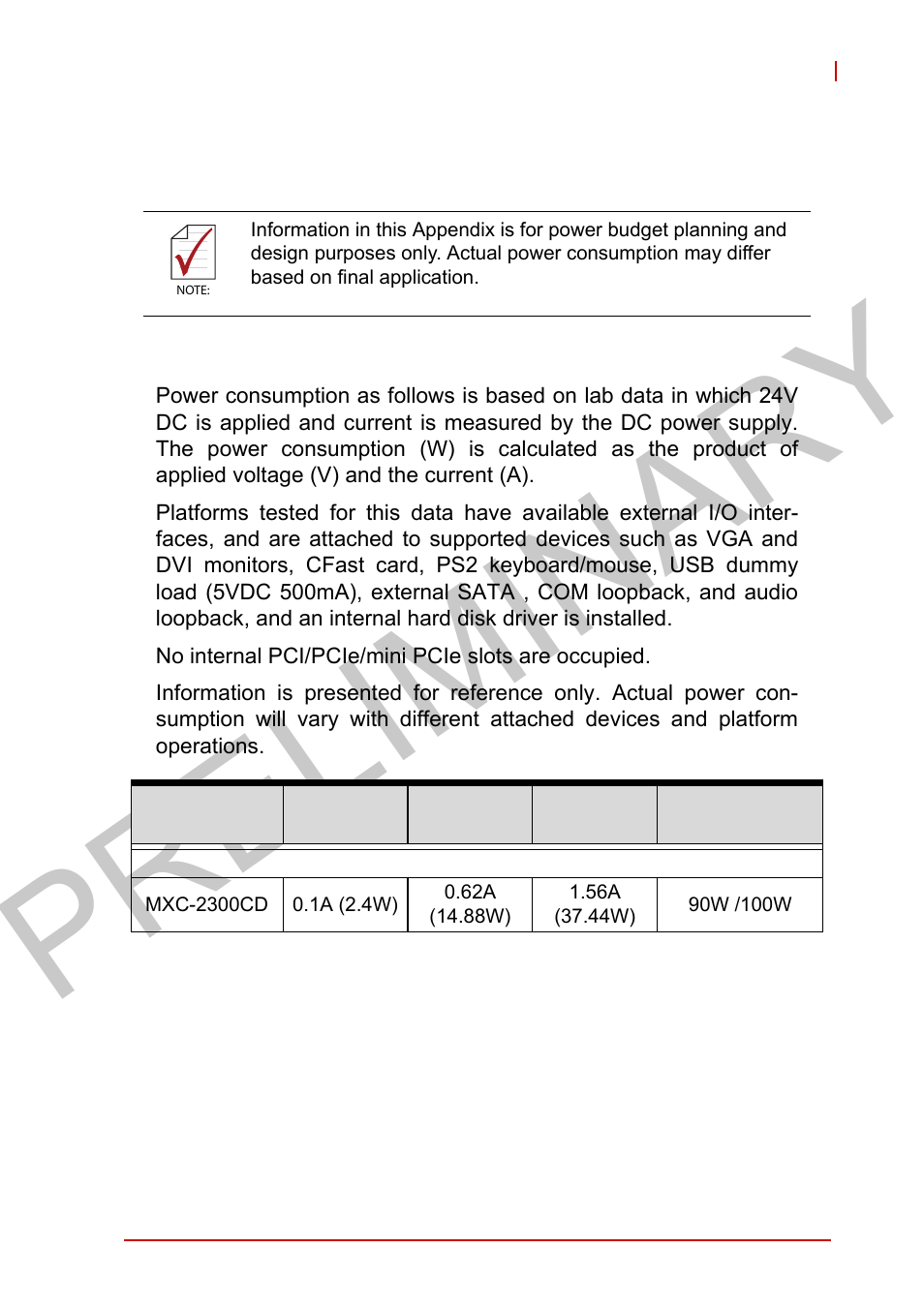 Appendix a power supply & consumption, A.1 power consumption reference, A appendix: power supply & consumption | Power consumption reference, Table a-1, Power consumption, Preliminary, Appendix a power supply & consump- tion | ADLINK MXC-2300 User Manual | Page 71 / 76