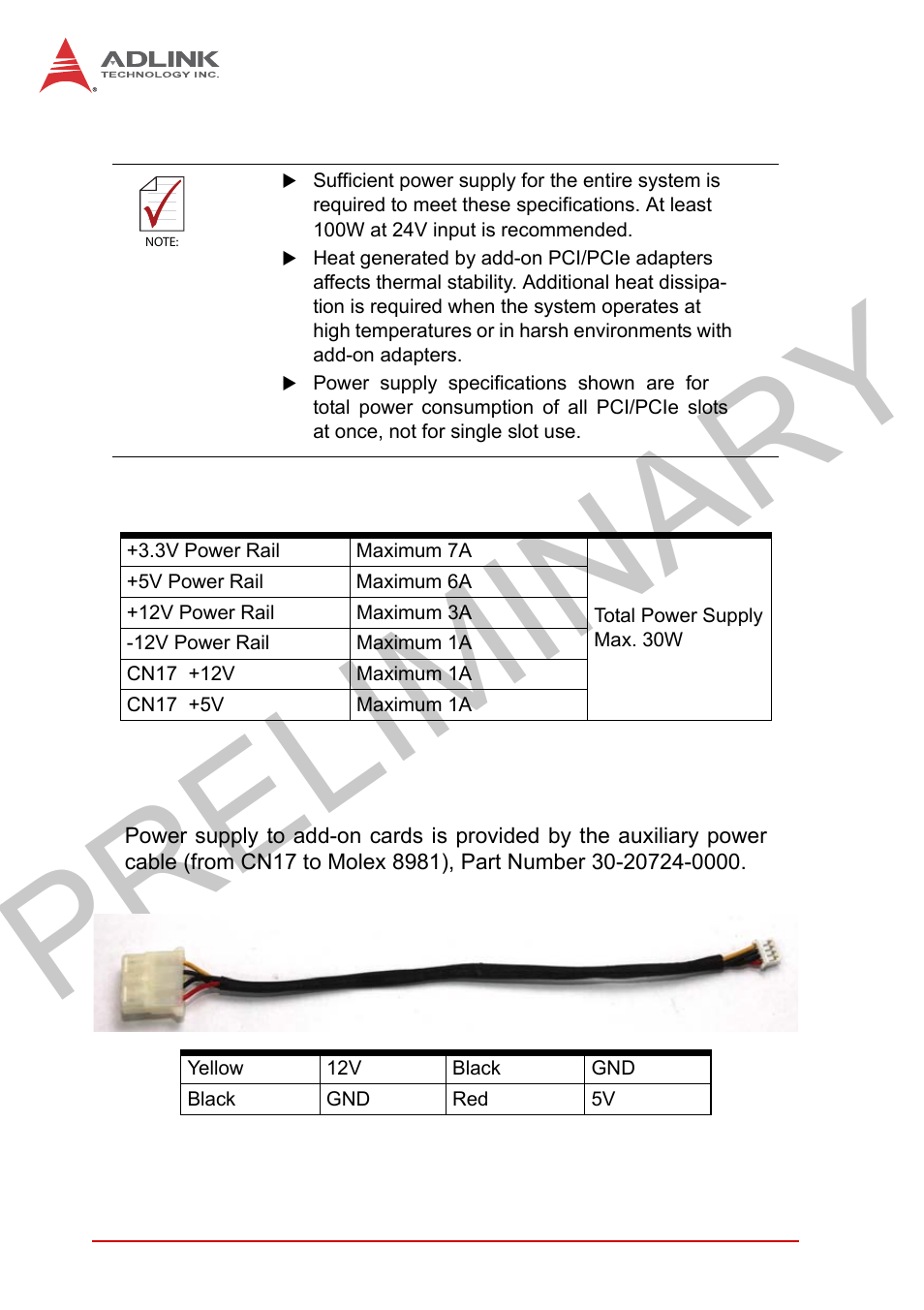 A.2 power supply reference, A.3 accessory cabling, Power supply reference | Accessory cabling, Table a-2, Power supply, Preliminary | ADLINK MXC-2300 User Manual | Page 72 / 76