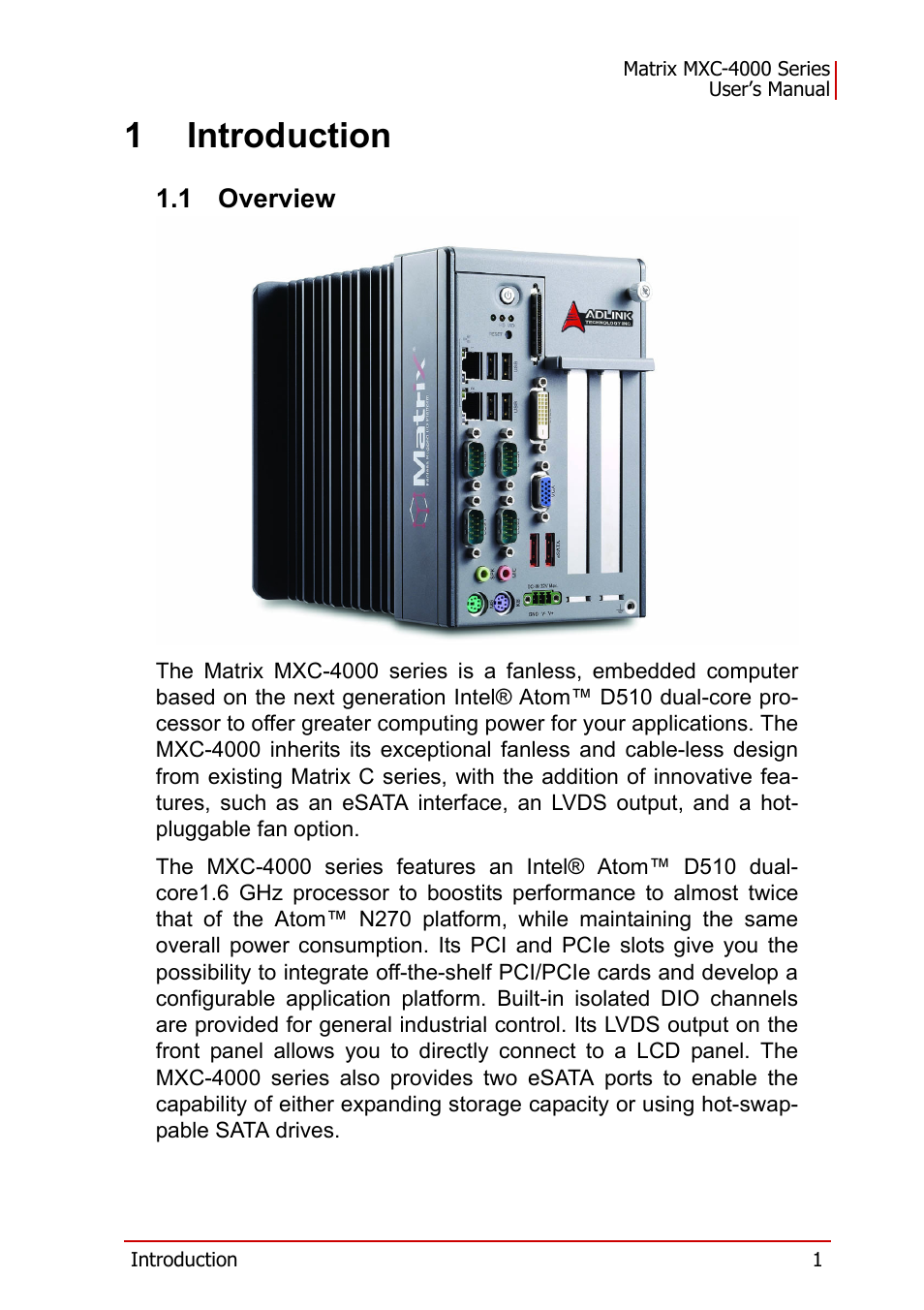 1 introduction, 1 overview, Overview | 1introduction | ADLINK MXC-4000 Series User Manual | Page 11 / 80