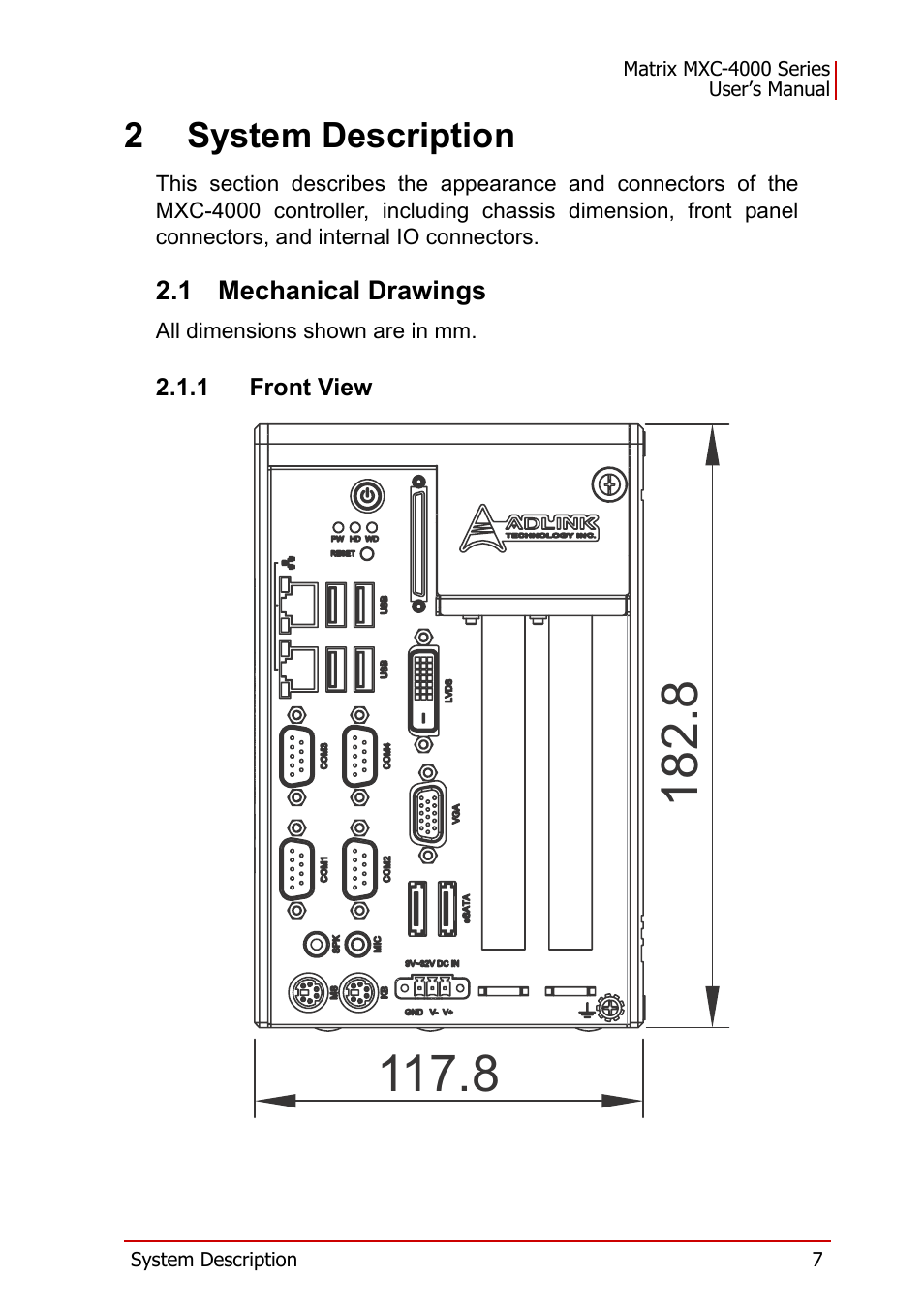 2 system description, 1 mechanical drawings, 1 front view | Mechanical drawings, 2system description | ADLINK MXC-4000 Series User Manual | Page 17 / 80