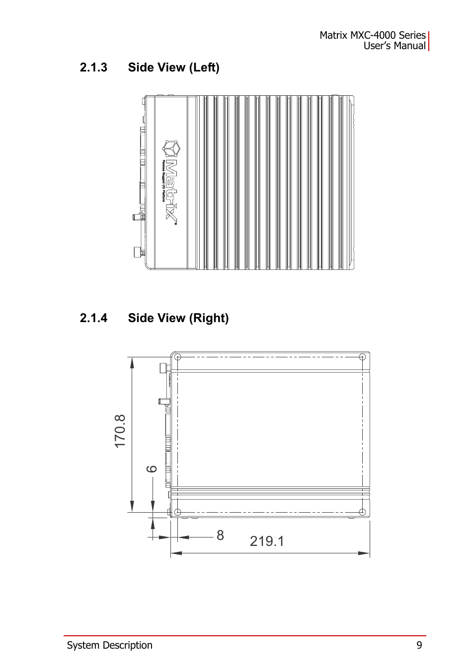 3 side view (left), 4 side view (right), 3 side view (left) 2.1.4 side view (right) | ADLINK MXC-4000 Series User Manual | Page 19 / 80