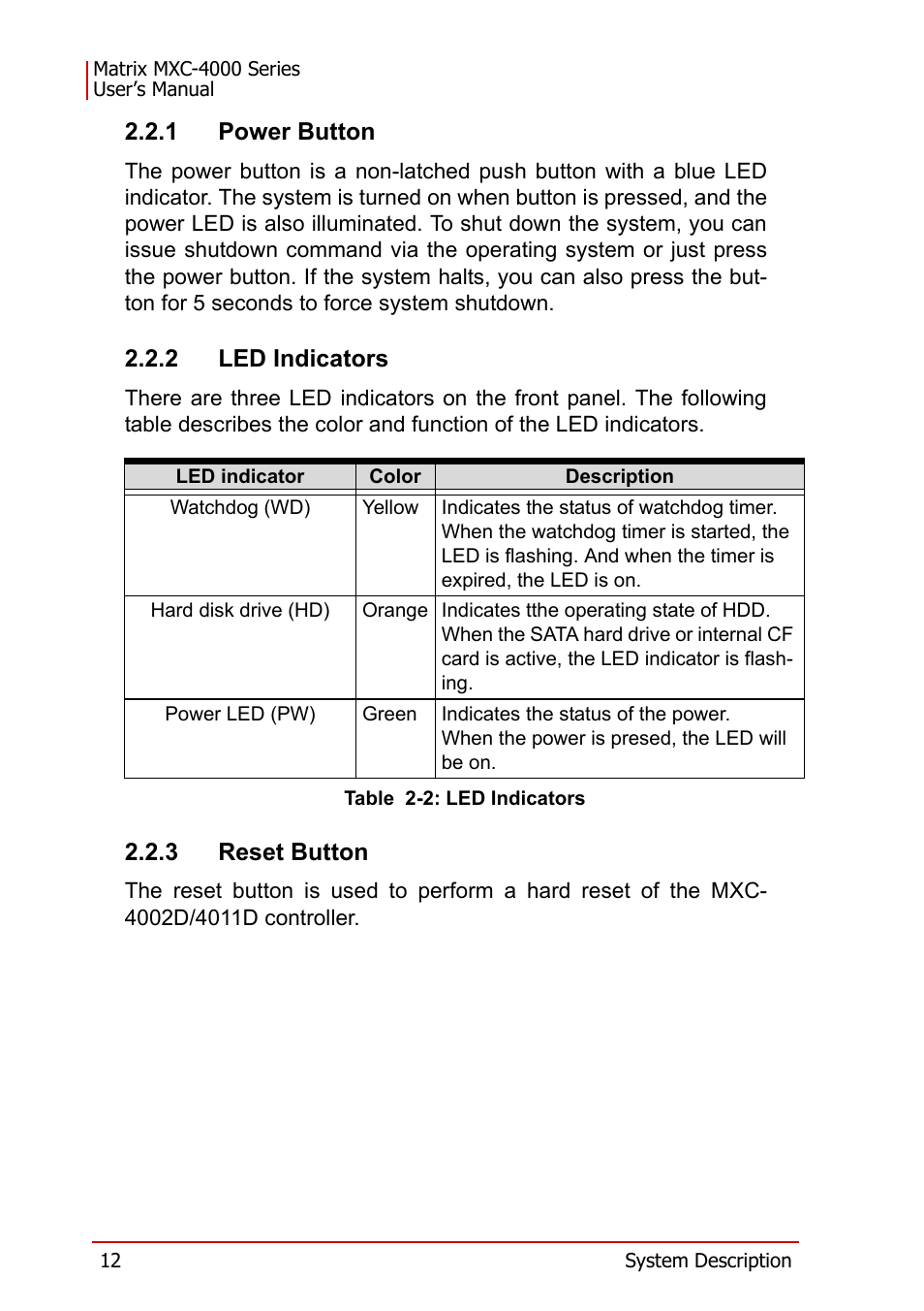 1 power button, 2 led indicators, Table 2-2: led indicators | 3 reset button | ADLINK MXC-4000 Series User Manual | Page 22 / 80