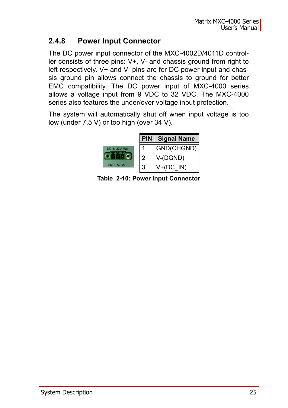 8 power input connector, Table 2-10: power input connector | ADLINK MXC-4000 Series User Manual | Page 35 / 80