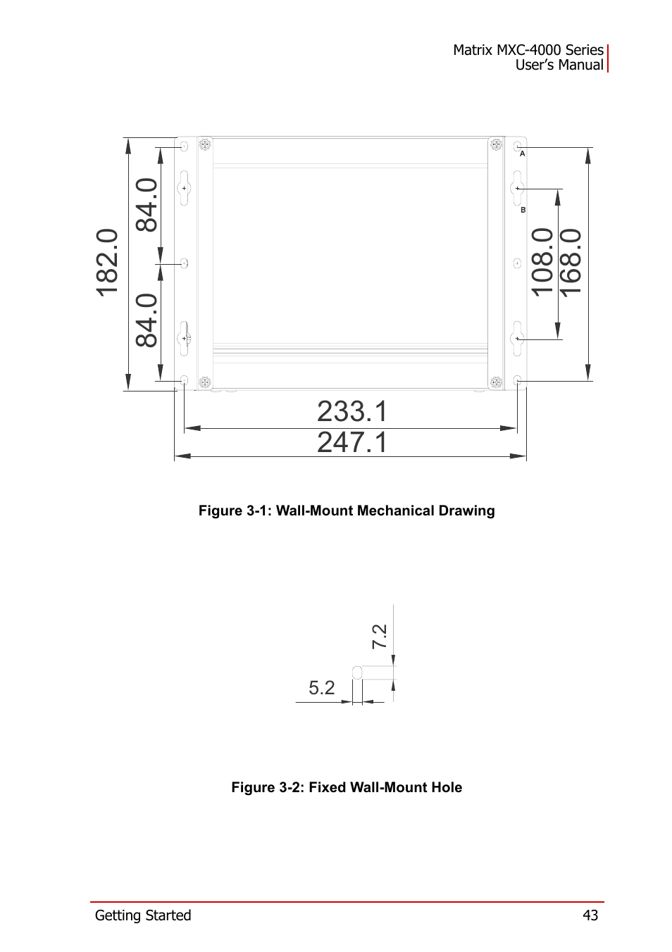 Figure 3-1: wall-mount mechanical drawing, Figure 3-2: fixed wall-mount hole | ADLINK MXC-4000 Series User Manual | Page 53 / 80