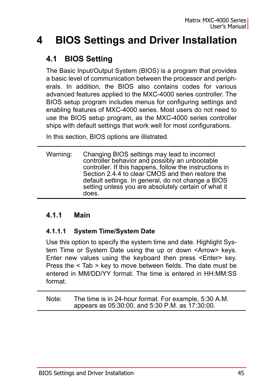 4 bios settings and driver installation, 1 bios setting, 1 main | Bios setting, 4bios settings and driver installation | ADLINK MXC-4000 Series User Manual | Page 55 / 80
