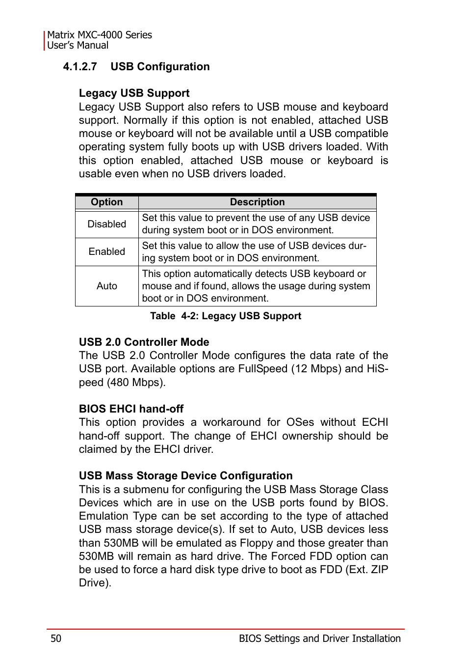 Table 4-2: legacy usb support | ADLINK MXC-4000 Series User Manual | Page 60 / 80