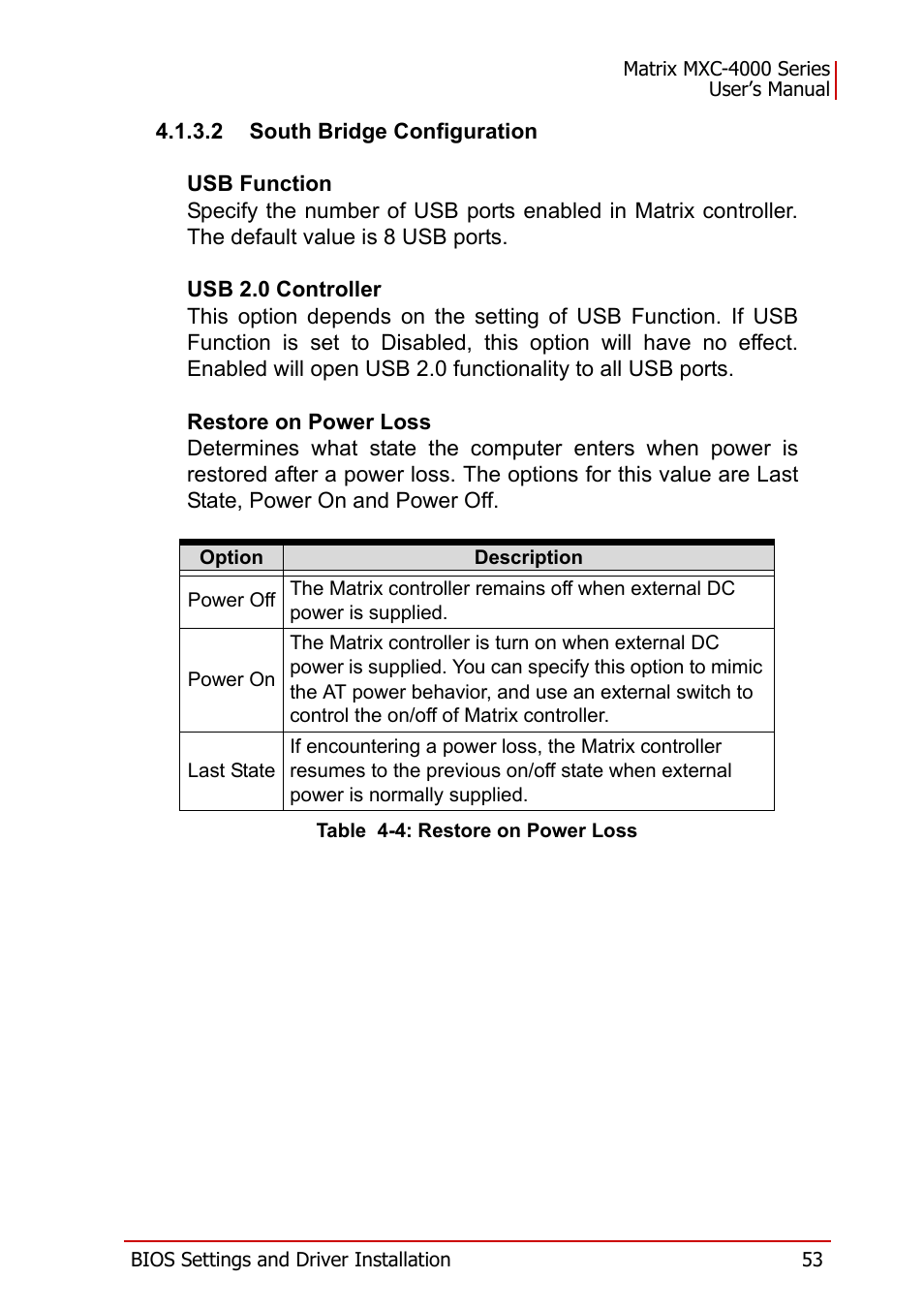 Table 4-4: restore on power loss | ADLINK MXC-4000 Series User Manual | Page 63 / 80