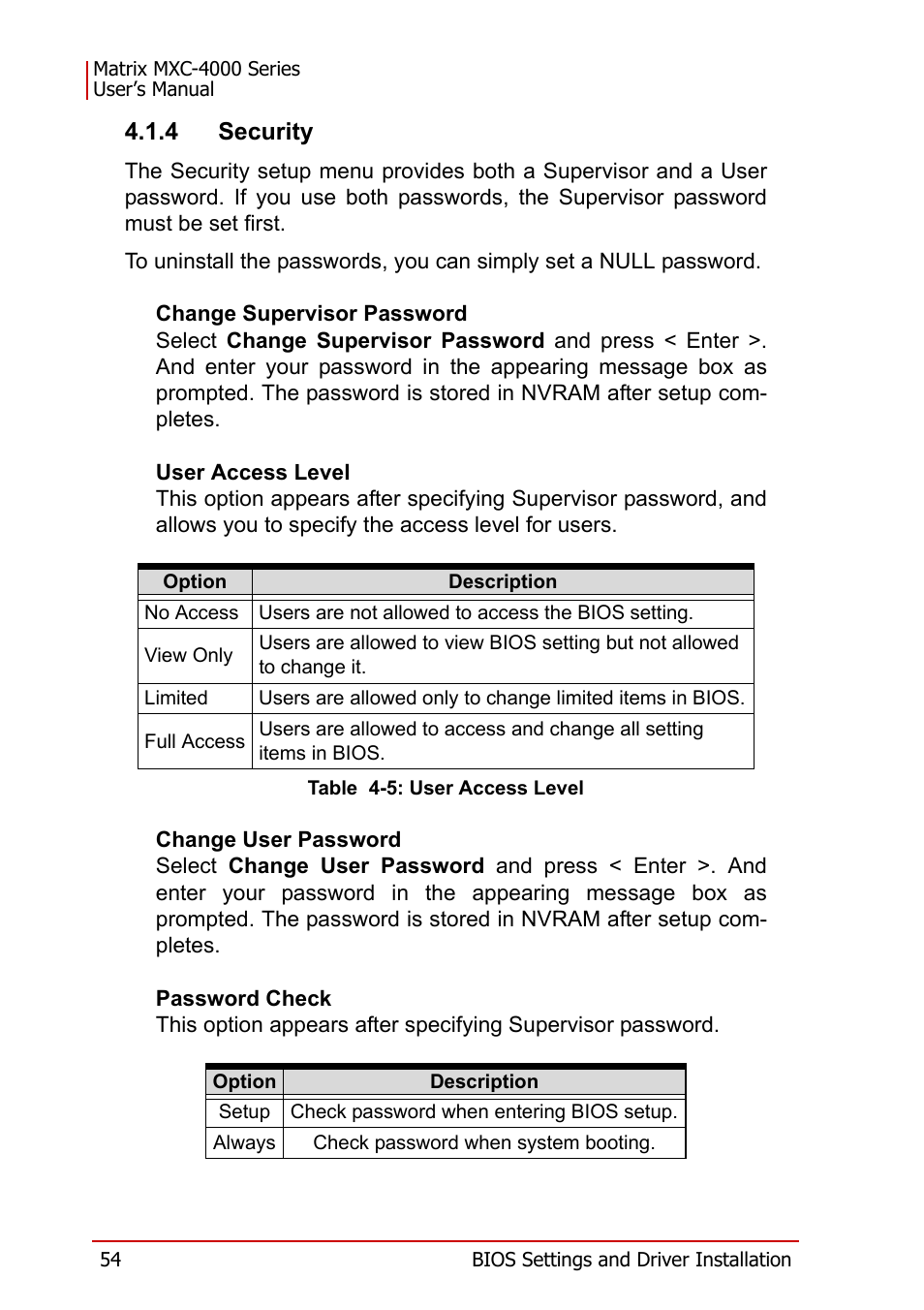4 security, Table 4-5: user access level | ADLINK MXC-4000 Series User Manual | Page 64 / 80