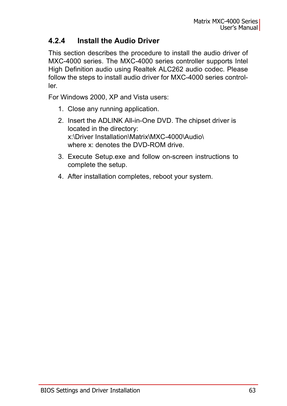 4 install the audio driver | ADLINK MXC-4000 Series User Manual | Page 73 / 80
