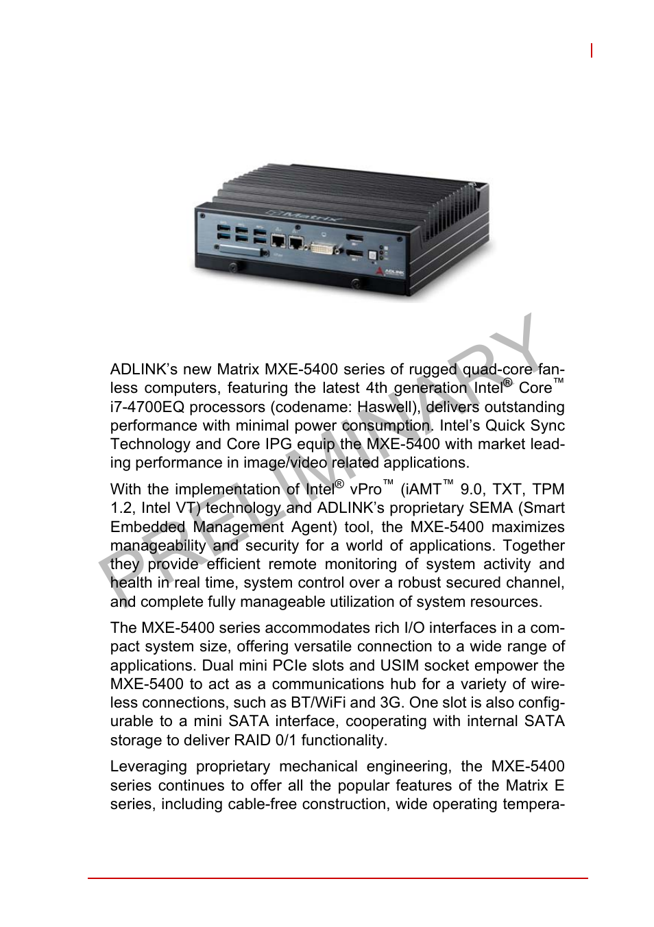 1 introduction, 1 overview, Overview | Preliminary, 1introduction | ADLINK MXE-5400 User Manual | Page 13 / 88