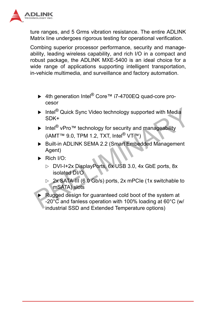 2 features, Features, Preliminary | ADLINK MXE-5400 User Manual | Page 14 / 88