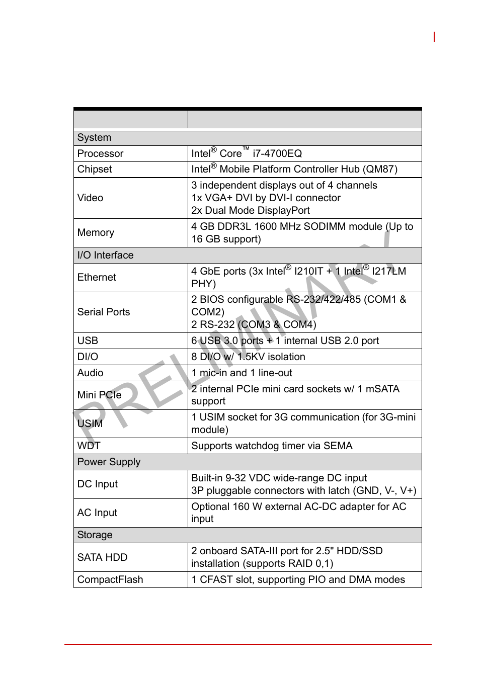 3 specifications, Specifications, Preliminary | ADLINK MXE-5400 User Manual | Page 15 / 88