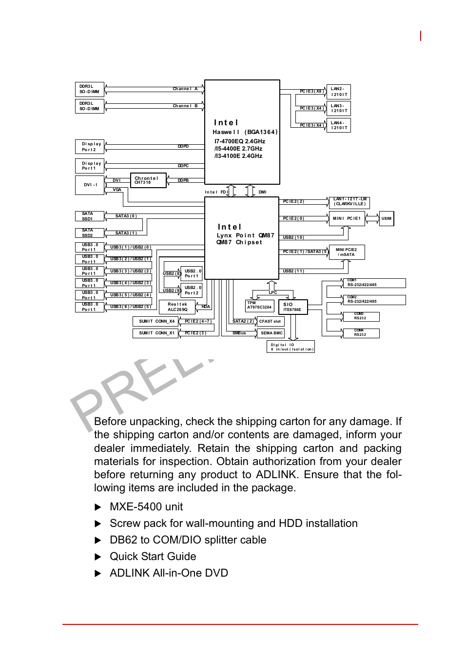 4 unpacking checklist, Unpacking checklist, Figure 1-1 | Mxe-5400 functional block diagram, Preliminary, Mxe-5400 unit, Screw pack for wall-mounting and hdd installation, Db62 to com/dio splitter cable, Quick start guide, Adlink all-in-one dvd | ADLINK MXE-5400 User Manual | Page 17 / 88