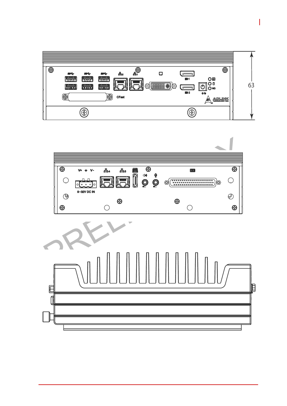 Figure 1-3, Front view, Figure 1-4 | Rear view, Figure 1-5, Left) side view, Preliminary | ADLINK MXE-5400 User Manual | Page 19 / 88
