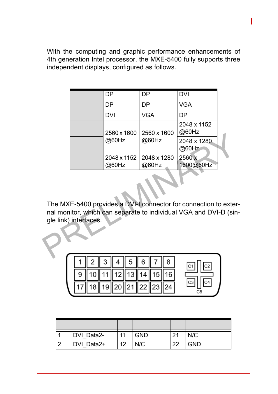 Multi-display option, 5 dvi-i connector, Preliminary | Dvi-i connector, Table 1-4, Multi-display configuration | ADLINK MXE-5400 User Manual | Page 23 / 88