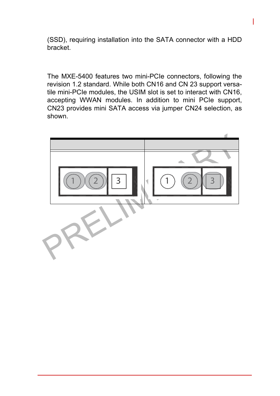 5 mini-pcie connectors, Mini-pcie connectors, Figure 1-20 | Mini-pcie connector jumper settings, Preliminary | ADLINK MXE-5400 User Manual | Page 37 / 88