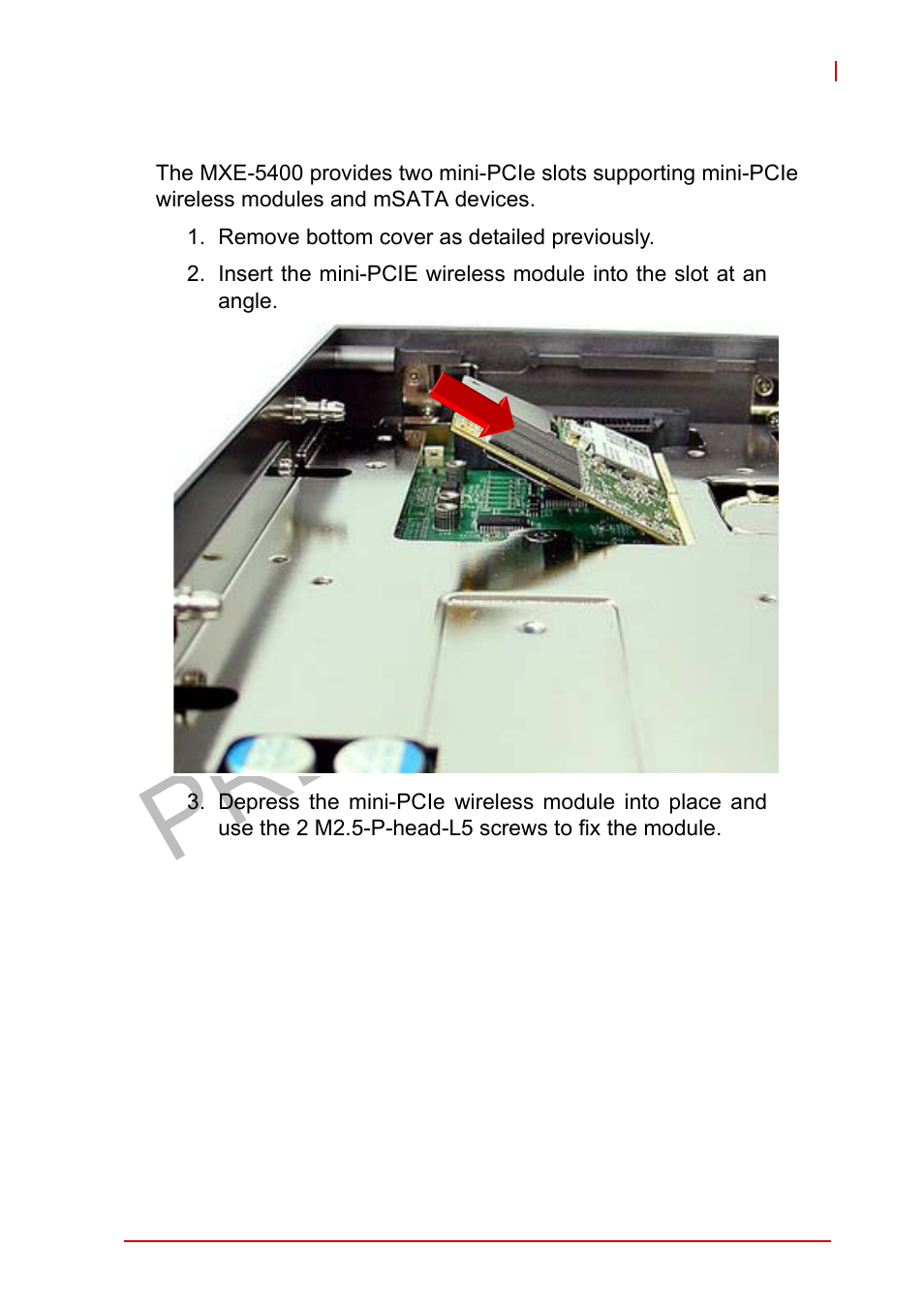 2 installing a mini-pcie device, Installing a mini-pcie device, Preliminary | ADLINK MXE-5400 User Manual | Page 43 / 88