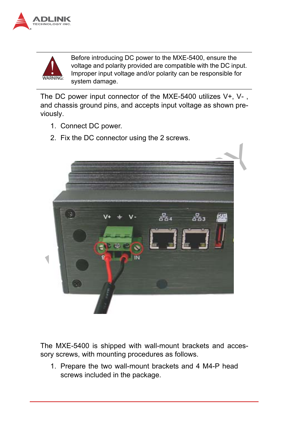 6 connecting dc power, 7 wall-mounting the mxe-5400, Connecting dc power | Wall-mounting the mxe-5400, Preliminary | ADLINK MXE-5400 User Manual | Page 50 / 88