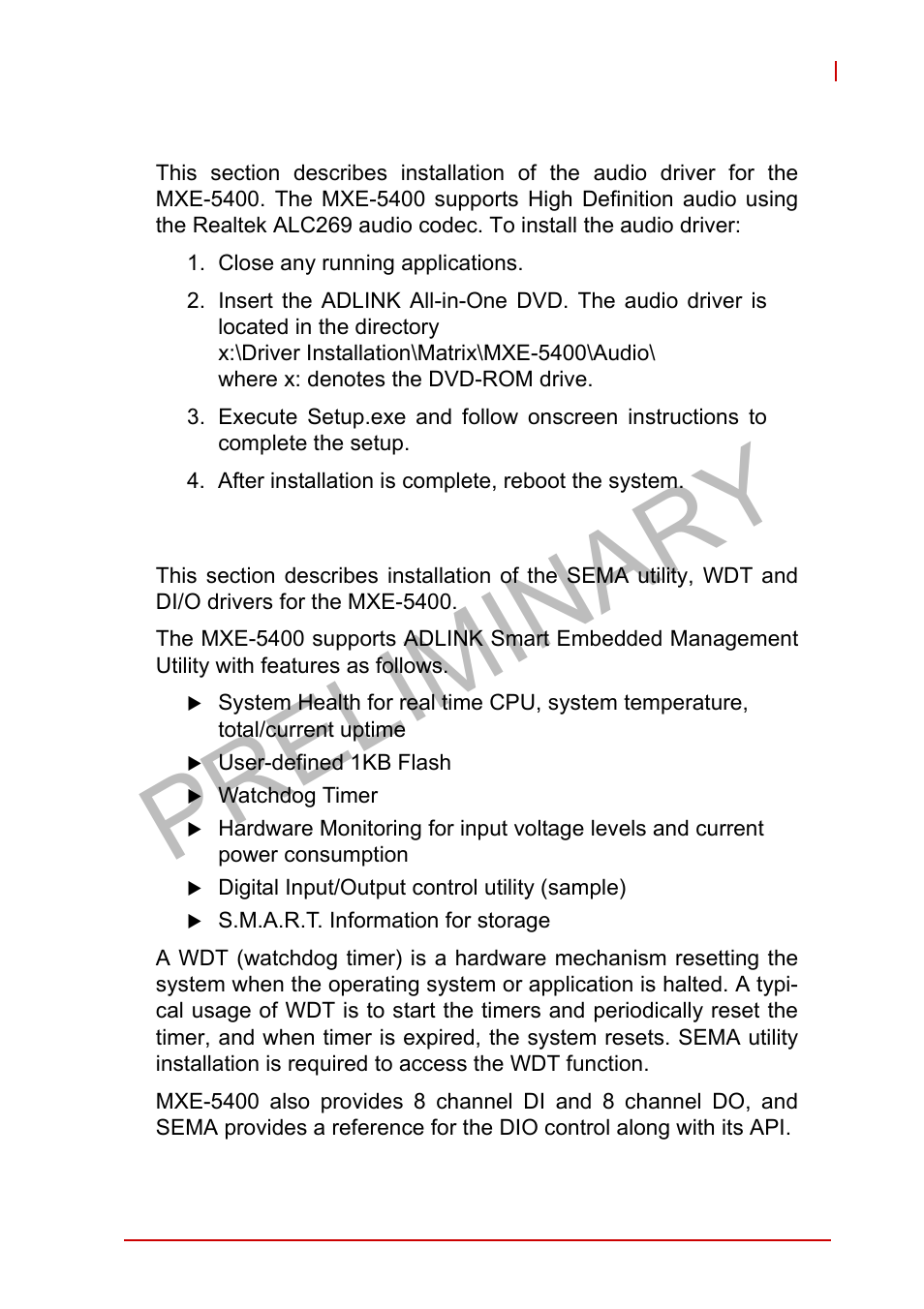 4 installing the audio driver, Installing the audio driver, Installing the sema utility, wdt and di/o drivers | Preliminary | ADLINK MXE-5400 User Manual | Page 57 / 88